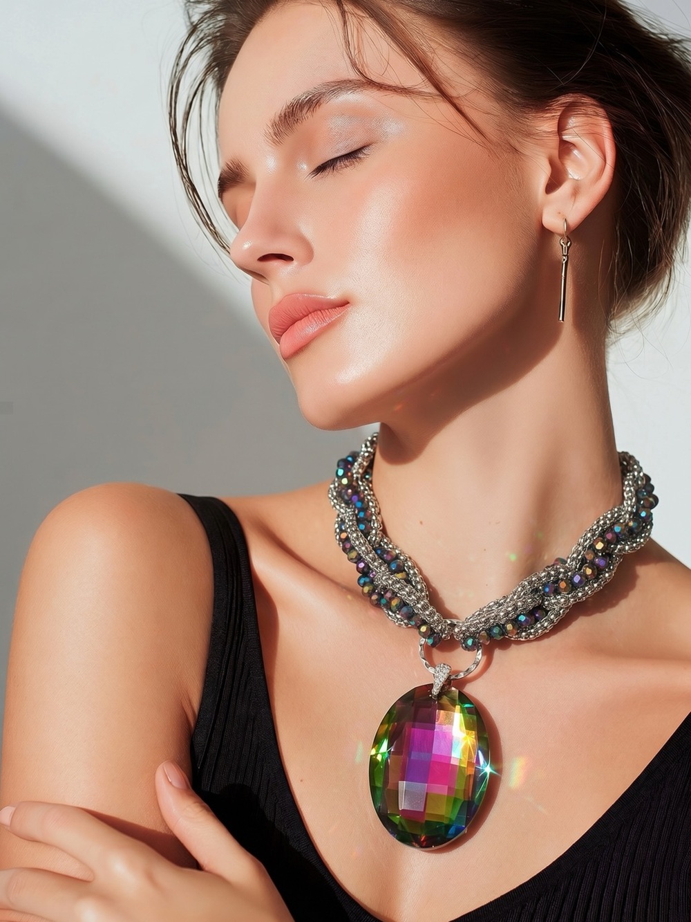 Multicolor Crystal Pendant Necklace - Silver Chain